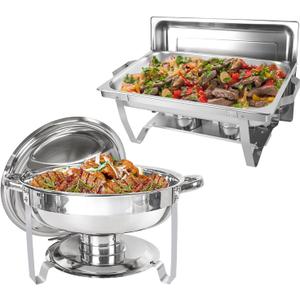 IMACONE Chafing Dish Buffet Set 2 Pack, 8 QT Rectangle & 5QT Round Stainless Steel Chafer for Catering, Chafers and Buffet Warmer Sets w/Food & Water Pan, Lid, Fuel Holder for Event Party Holiday