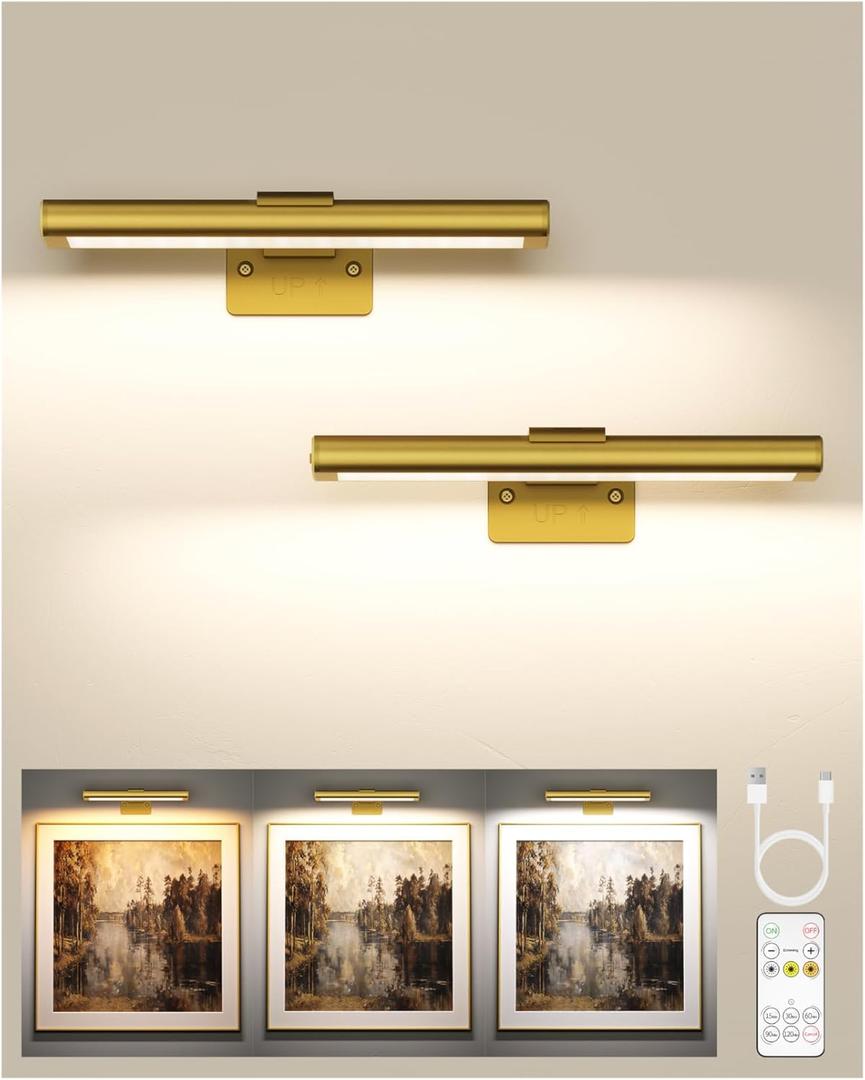 EZVALO Picture Light for Wall, Rechargeable 2400mAh Battery Lights Wireless with IR Remote, 3 Color & Dimmable Magnetic 7.87'' LED Lights Display for Painting, Living Room, Gallery, Bedroom(Gold-2P)