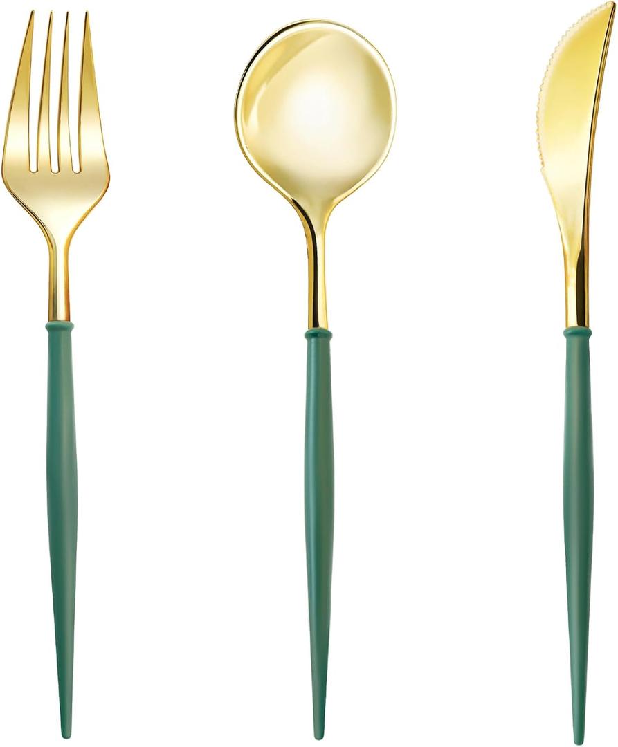 Lullaby 150PCS Gold Plastic Silverware - Disposable Flatware with Green Handles, Includes 50 Knives, 50 Forks, 50 Spoons, Perfect for Birthdays, Weddings, Picnics