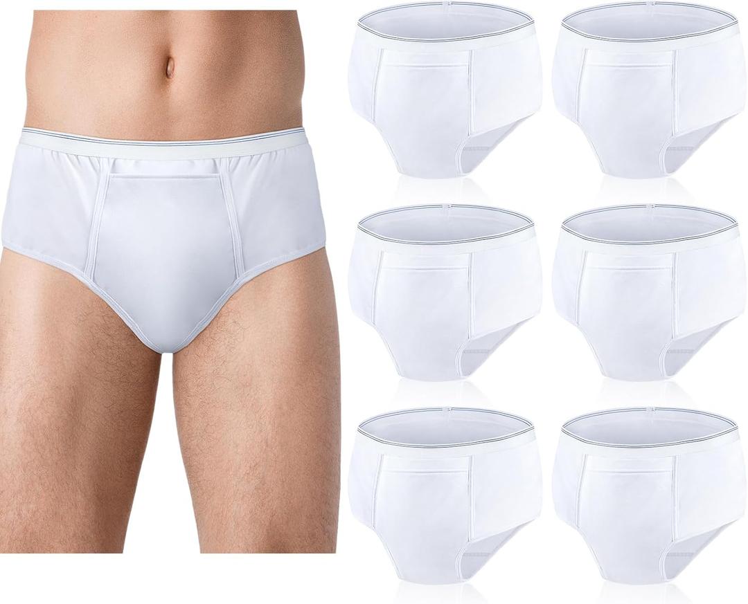Blosssound 6 Pack Men's Incontinence Underwears Reusable Washable Leak Proof Underwears Protection Incontinence Briefs Men Bladder Control with Regular Absorbency for 150ml(White,Medium)