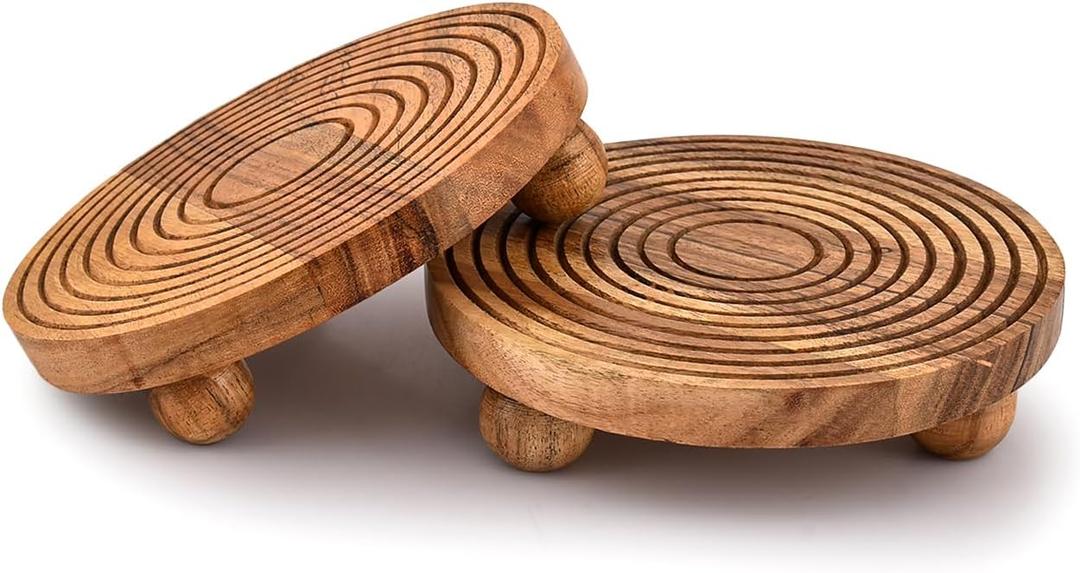EDHAS Pedestals Acacia Wood Set of 2 Round Pedestal Riser Board for Display, Farmhouse Dcor Displays Your Plant Bottles Candles for Your Home (6" X 6" X 1.5")