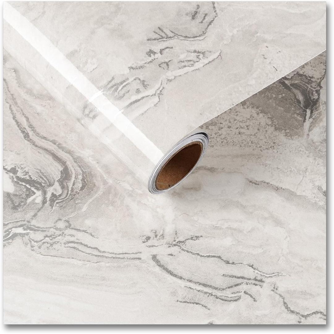 CRE8TIVE Beige Silver Marble Countertop Contact Paper 12"x354" Glossy Liquid Marble Contact Paper for Cabinets Waterproof Self Adhesive Removable Wallpaper for Kitchen Bedroom Drawer Liners Lockers