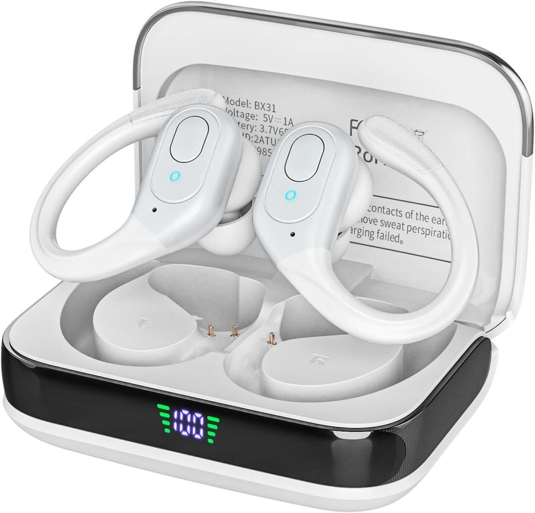 Bluetooth Headphones Wireless Earbuds with 75Hrs Playback, LED Display Charging Case, IPX7 Waterproof, Over-Ear Design Ear Buds for Sports/Running/Workout - White