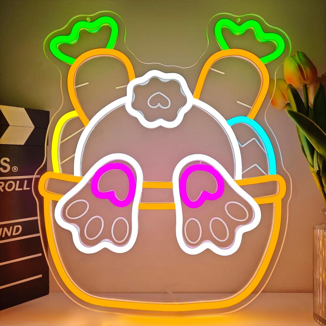 Easter Neon Sign for Wall Decor Easter Bunny Basket Neon Light Egg Led Sign Easter Decorations Dimmable Carrot Rabbit Light Up Signs for Window Party Gifts Bedroom Holiday Spring Bar Home Business