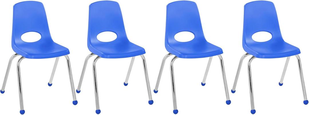 FDP 16" School Stack Chair, Stacking Student Seat with Chromed Steel Legs and Ball Glides For In-Home Learning or Classroom - Blue (4-Pack), 10382-BL