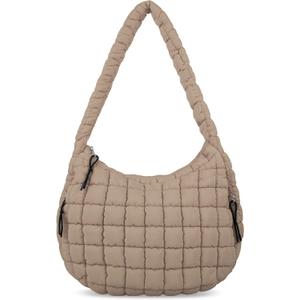 Quilted Puffer Tote Bag for Women - Large Crossbody Bag, Lightweight Nylon Puffy Carryall Hobo Puff Shoulder Bag (Khaki)