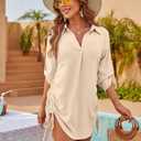 Blooming Jelly Womens Bathing Suit Cover Ups Bikini Swimsuit Coverup Drawstring Beach Dress Shirt (Beige, L)