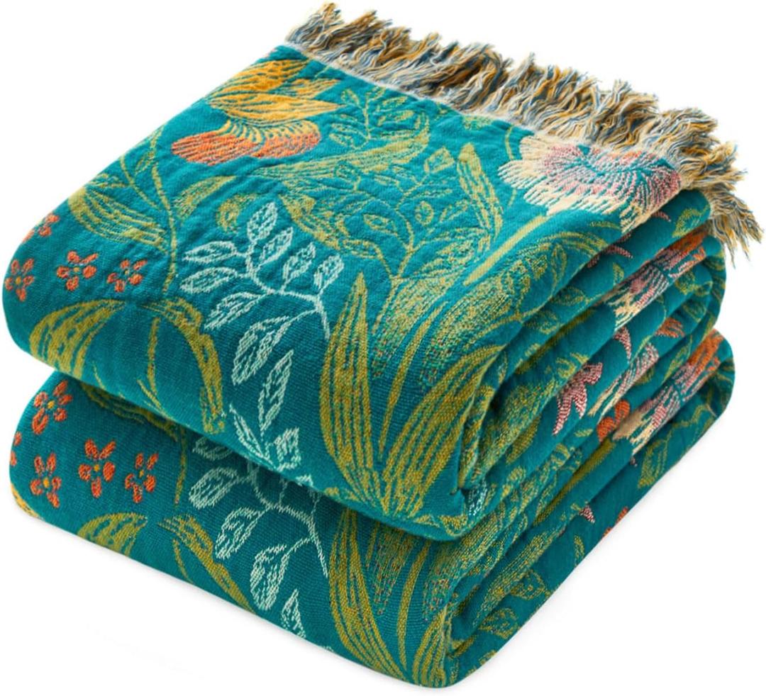 Boho Throw Blanket - 100% Cotton Soft Throw Blanket for Bed, 60"x80" Reversible Breathable Lightweight Spring Blankets, All Seasons Farmhouse Decor Floral Throw Quilt