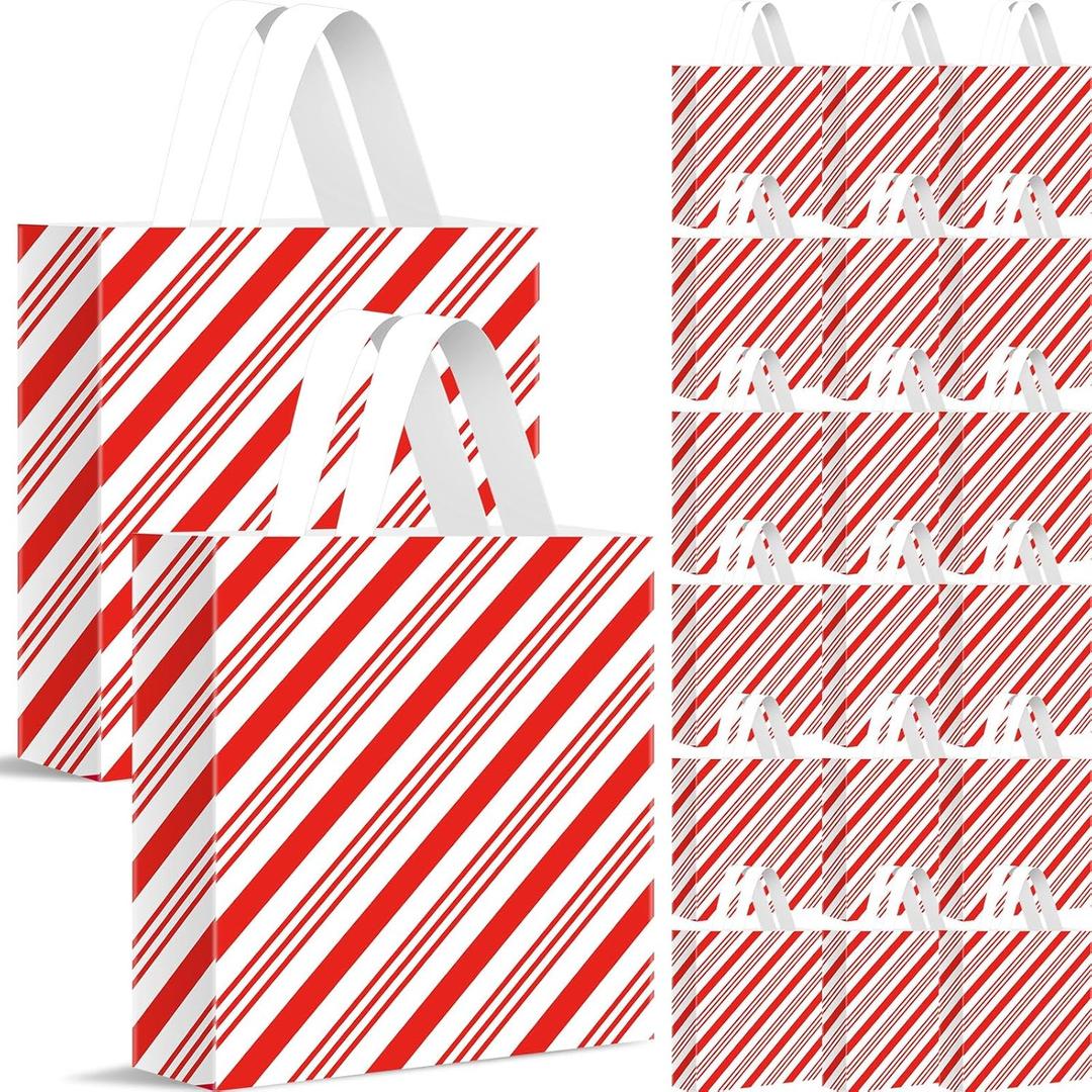 Sinload 100 Pcs Large Valentine's Day Gift Bags with Handle Valentine's Plastic Shopping Bags Bulk 13.8" x 9.8" Red White Candy Cane Stripe Treat Goodie Bag for Merchandise Party Favor