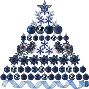 Sratte 94 Pcs Christmas Tree Decorations Set, Christmas Tree Ball Ornaments Glitter Poinsettia Flowers Decorations Glitter Berries Stems for Xmas Holiday Wedding(Navy Blue)