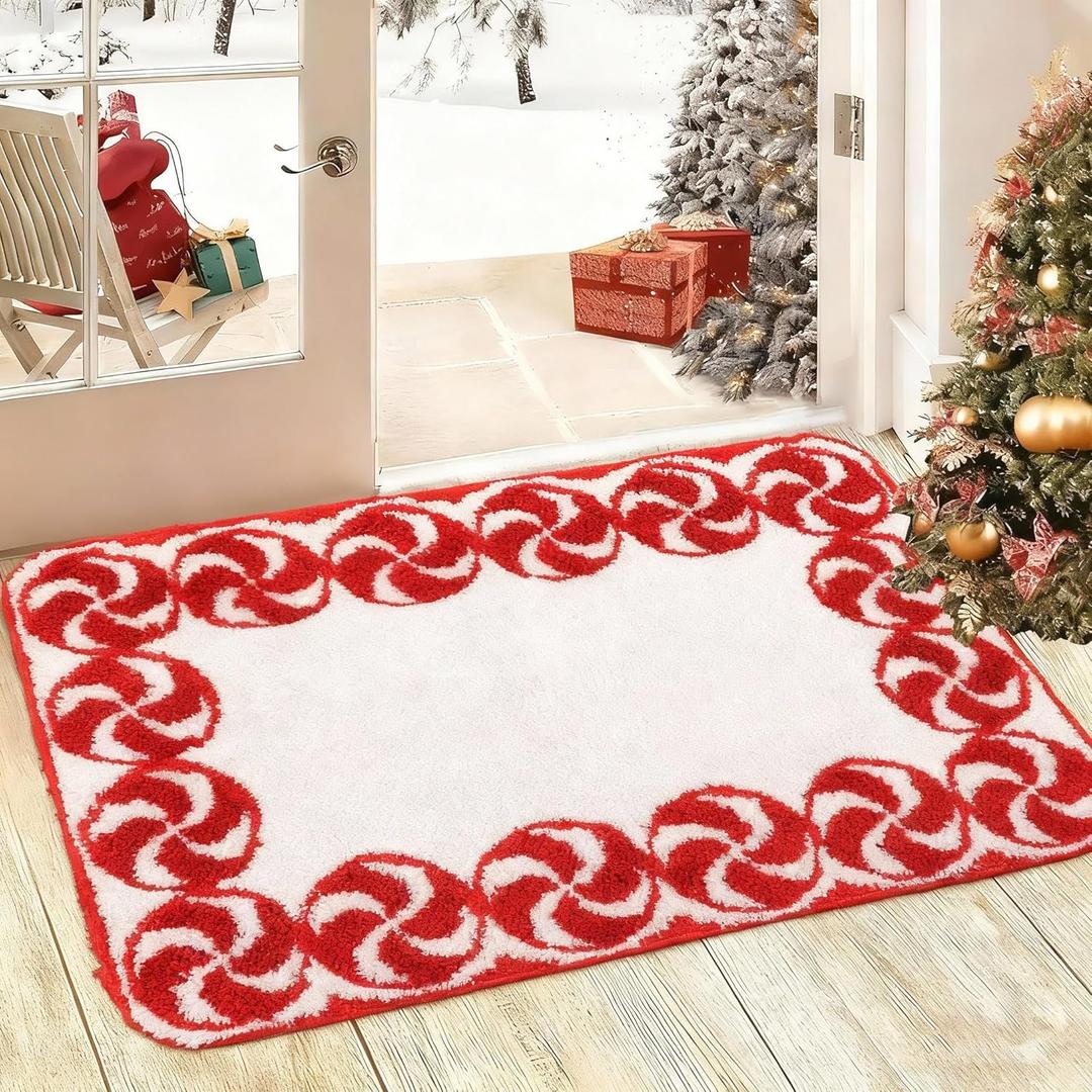 Tinideya 25 x 38 Inches Christmas Bathroom Rugs Decor Candy Cane Red and White Holiday Area Rug Peppermint Swirl Washable Non-Slip Christmas Mat for Tub Living Home Dining Holiday Decor