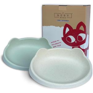 7 Ruby Road Anti Whisker Fatigue Cat Bowl, Set of 2 - Wide Food Bowls, Wet and Dry Shallow Food Dish, Small Cat Dishes for Indoor Cats, Cute Kitten Bowls Whisker Friendly & Relief, Non-Slip Plates (Mint Green and Cream)