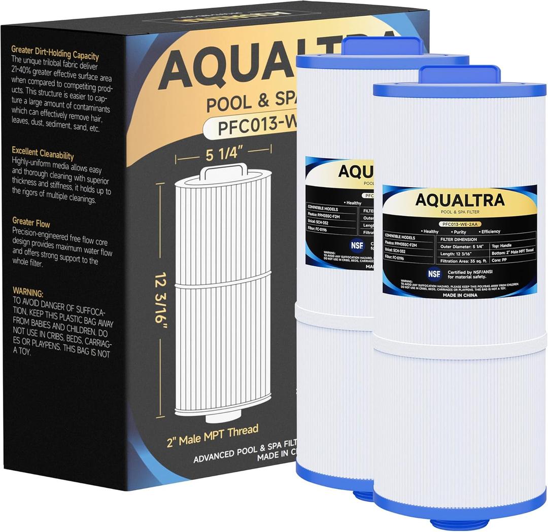 AQUALTRA Spa Filter Compatible with 5CH-352, PPM35SC-F2M, Marquis Spa 20042, 20092, FC-0196, 35 sq.ft. 5 1/4" x 12 3/16” Screw in Hot Tub Filter (2" Male MPT Thread) 2 Pack