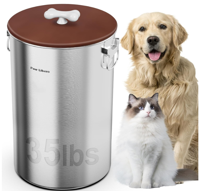 Paw Libero 2PK 35 Lbs total 70Lbs Stainless Steel Dog Food Storage Container with Airtight Wooden Lid & Ceramic Bone Handle, Large Metal Dog Food Bin for Dogs & Cats, Keep Fresh, Easy to Clean