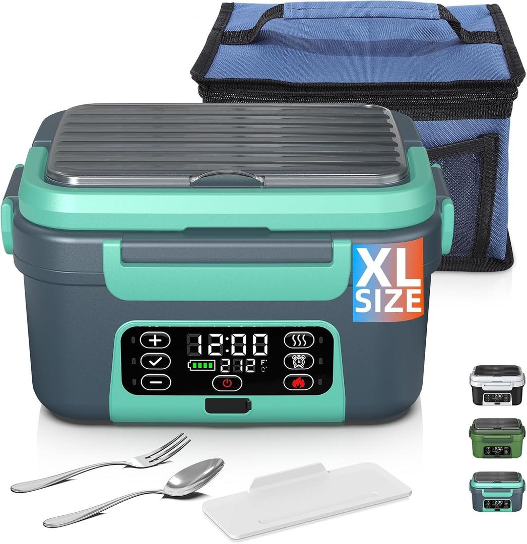 Cordless Electric Heated Lunch Box, XL 6.3Cups Rechargeable Food Warmer Lunch Box with Self Heating, Smart Timer, Adjustable Temperature, Leakproof, BPA Free, Removable Divider