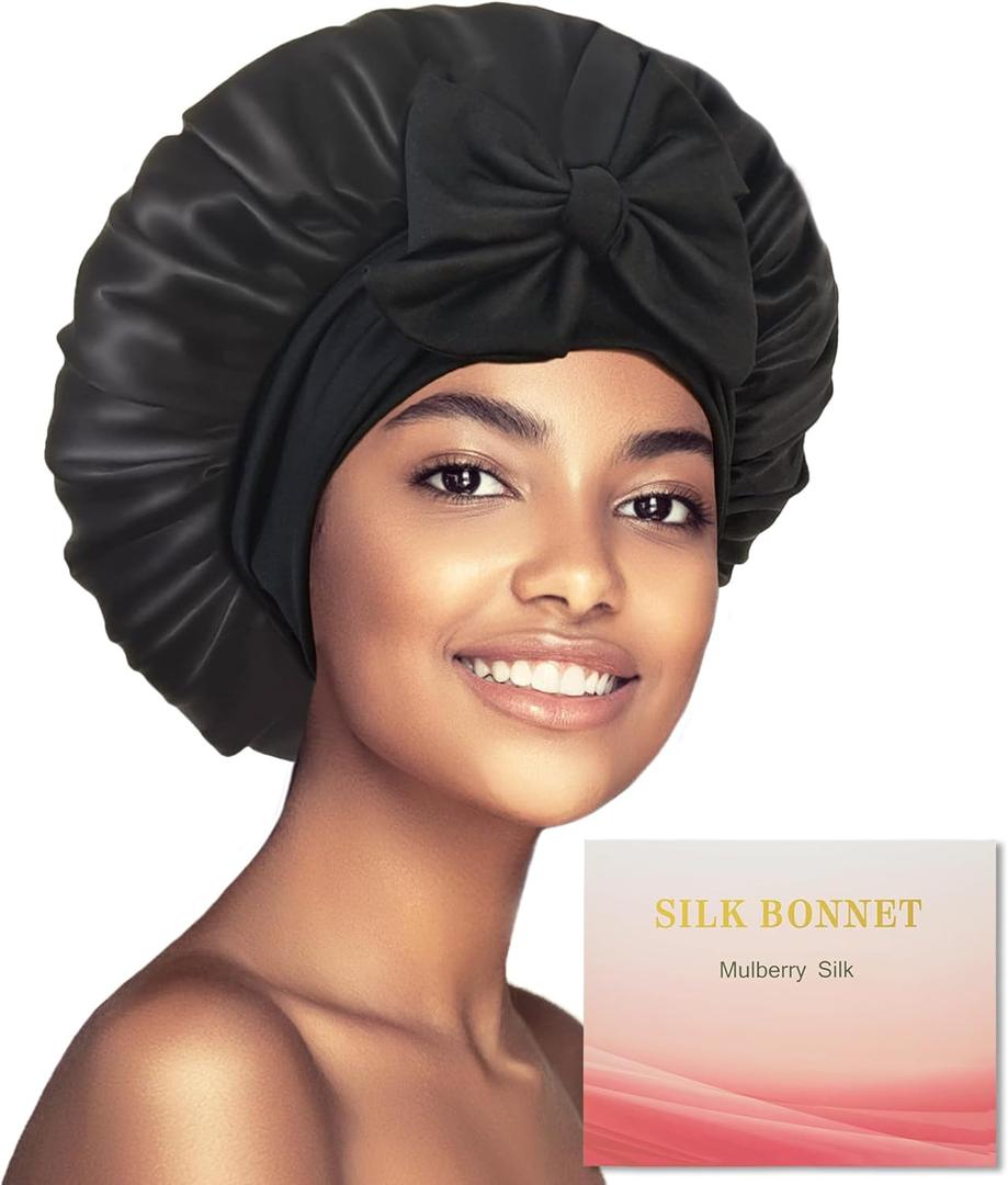 100% Mulberry Silk Bonnet for Sleeping Women, Real Silk Bonnets with Tie Band, Double-Layer Sleep Cap for Braids Curly Hair