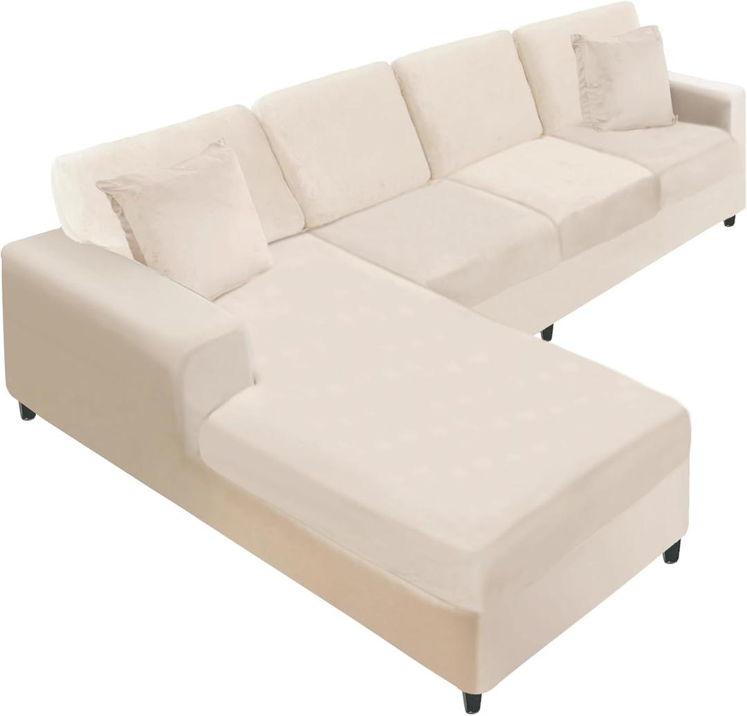 NAISI Sectional Couch Covers 8 Pieces Velvet Couch Cushion Covers L Shape Soft Stretch Sofa Slipcovers with 2pcs Pillowcases for Left/Right Chaise Sectional Couch(3 Seater+1 Chaise+4 Back,Beige)