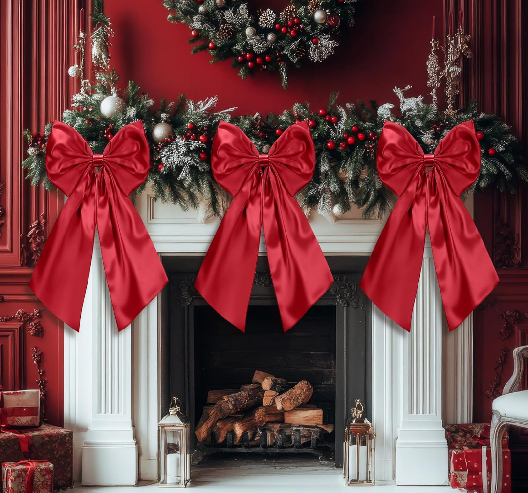 Suncalla 3 Pcs 2 FT Large Burgundy Christmas Bows Decorations Big Satin Bows Hanging Wall Decors for Room Fireplace Coquette Birthday Backdrop Bridal Shower Wedding Bachelorette Xmas Party Supplies
