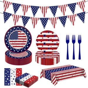 102Pcs 4th of July 250th Anniversary Patriotic Party Supplies Set, American Flag Themed Disposable Decorations with Paper Plates Napkins Forks for Independence Memorial Day Veterans Day Serves 25