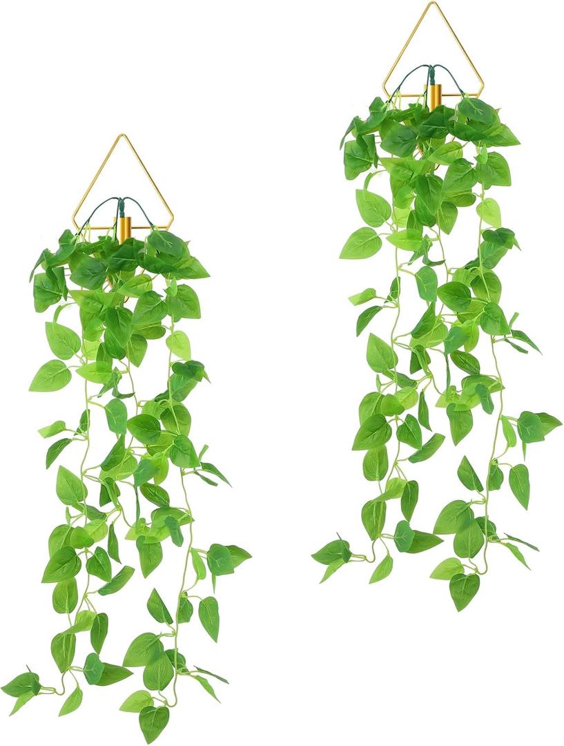 Jexine 2 Pcs Hanging Planters with Artificial Plants Metal Hanging Vase Indoor Plants Holder Modern Geometric Boho Wall Decor for Living Room Home Office (Gold, Pothos)