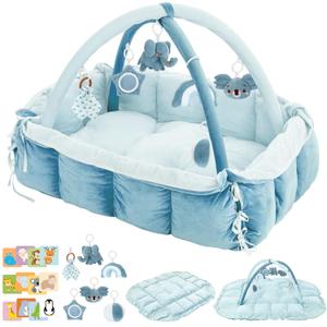 5-in-1 Baby Play Gym and Tummy Time Mat, 12 Learning Cards, Plush Activity Mat with 6 Toys, Baby Gym, Convertible to Ball Pit, Baby Gift, Blue