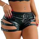 Women Faux Leather Hot Pants Shorts High Waist Slim Sexy Bandage Booty Punk Dance Club PU Leather Festival Rave Shorts (Black, X-Large)