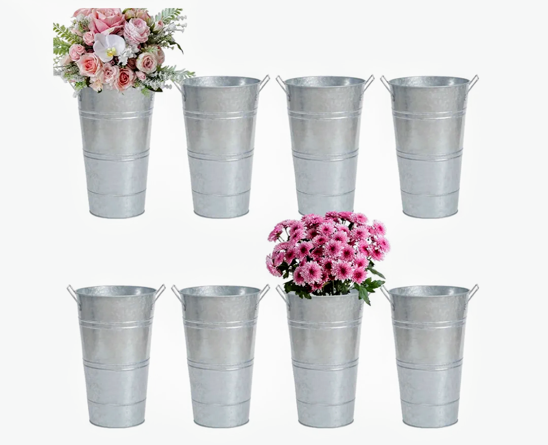 Notakia 8 Pcs 12 Inch Large Galvanized Metal Vases Farmhouse French Flower Bucket Vases for Cut Flowers for Home Decor and Wedding Table Centerpiece Decorations (Large Silver)