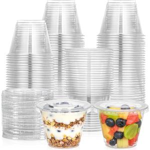 AOZITA 100 Sets, 9 oz Clear Plastic Cups With Flat Lids No Hole, Disposable Cups With Lids for Ice Cream, Pudding, Cake, Snacks Smoothie, Milkshake, Cold Drinks