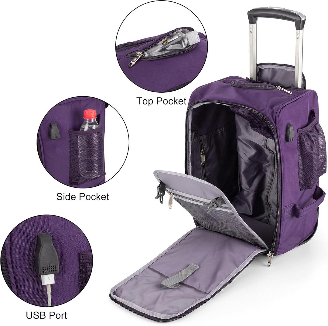 Boardingblue 17x10x9 Inches United Airlines Rolling Personal Item Under Seat Travel Bag Suitable For Major Airlines, Not Suitcase, Rolling Travel Bag Design (Purple, 17x10x9 Inches)
