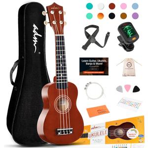 ADM Ukulele for Beginners Hawaiian Wood Ukelele Kit for Kids Adult Student Starter Professional Ukalelee Pack Bundle with Free Lessons Gig Bag Strap Nylon String Tuner (Brown, 21 Inch)