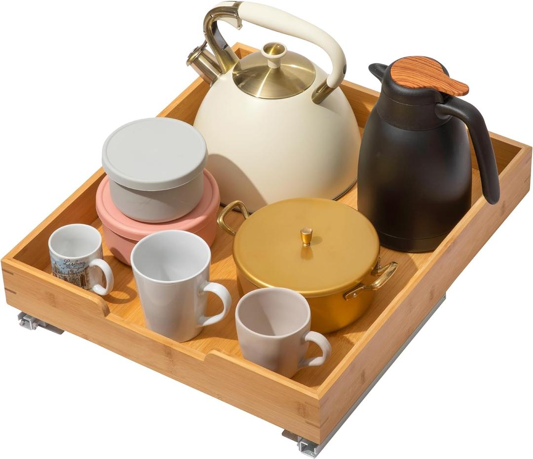 HOLDN STORAGE Bamboo Wooden Pull out Cabinet Organizer. 17" W x 21" D - Requires At Least a 18.25" W x 21" D.Cabinet Opening. Bamboo Tray and Heavy gauge metal rails.