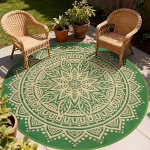 Outdoor Rugs for Patio Waterproof 8Ft Round, Outside Reversible Mats, Portable Plastic Straw Rug, Lightweight RV Camping Mat Floor Carpets for Deck Porch Picnic Beach Garden, Green/Camel