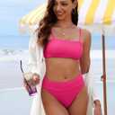 ANRABESS Womens Bikini Sets, High Waist Tummy Control Swimsuits,Ribbed Textured 2 Piece Bathing Suits,Cheeky Beach Swimwear (Pink, M)