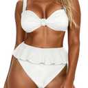 Saodimallsu Womens 2 Piece High Waisted Swimsuit Ruffle Bikini Sets Twist Knot Ribbed Bathing Suits (Medium, White)