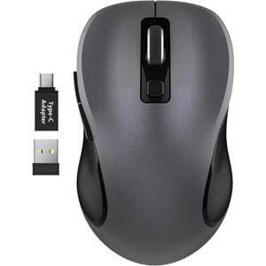 WisFox 2.4G Wireless Mouse for Laptop, Ergonomic Computer Mouse with USB Receiver and Type-C Adapter, 3 Adjustable Levels, 6 Button Cordless Mice for Windows Mac PC Notebook (Grey and Black)