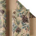 RUSPEPA 30" X 32.8' Kraft Christmas Wrapping Large Paper Roll, Jumbo Roll, Watercolor Pinecone and Eucalyptus Leaf Design, Kraft Gift Wrap for Christmas, Winter Holiday Party, Rustic Natural Theme