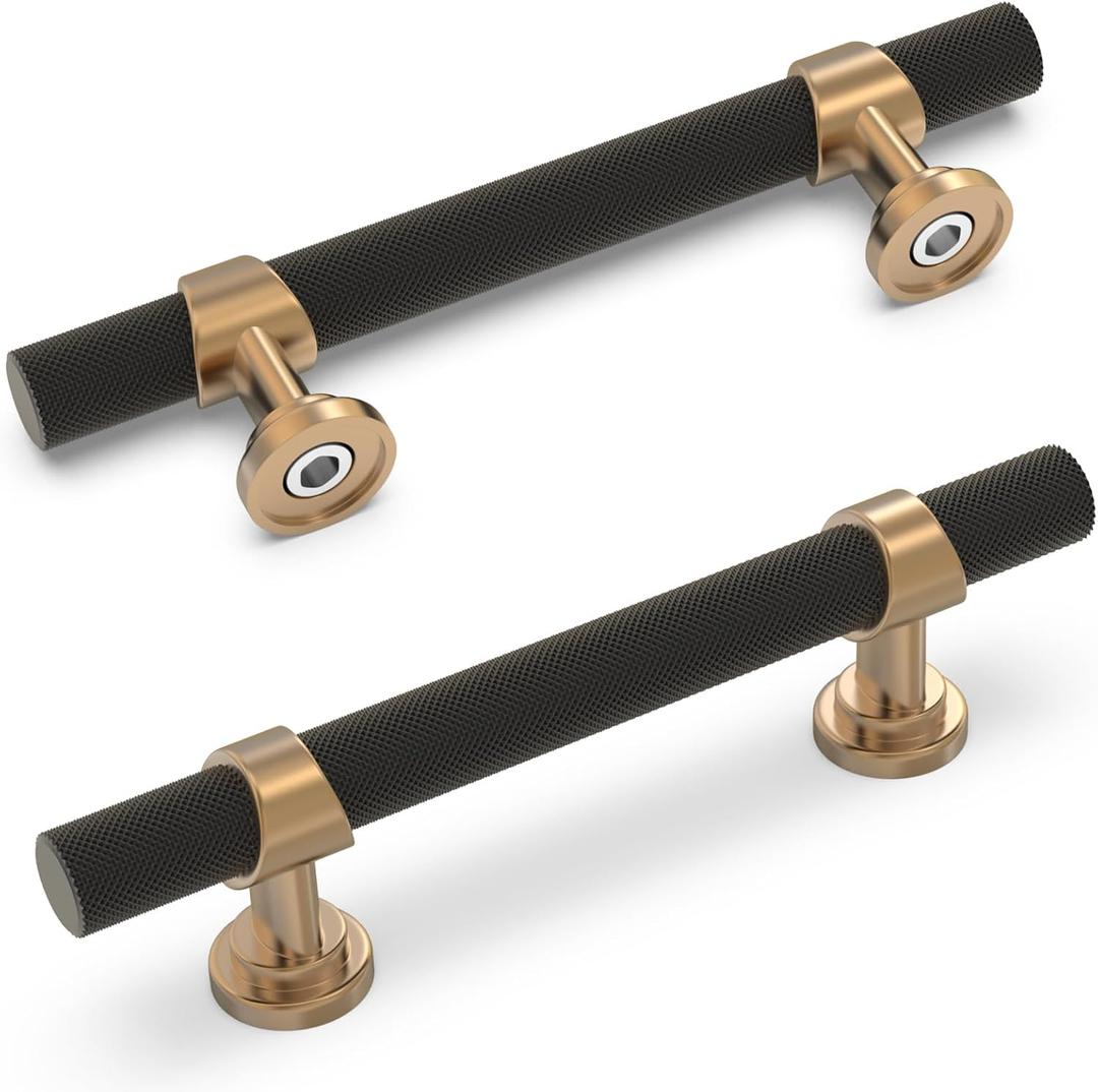 10 Pack 3 Inch Cabinet Pulls knurled Matte Black and Champagne Bronze Kitchen Cabinet Handles Aluminum and Zinc Alloy Drawer Pulls Solid Cabinet Hardware (3'' Hole Center(76mm))