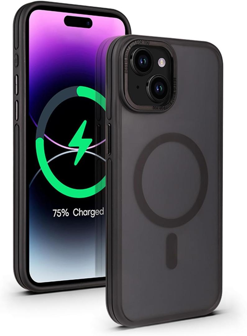 Magnetic for iPhone 15 Case 6.1inch [Military Grade Drop Protection] [Compatible with MagSafe] Slim Translucent Matte Hard Back Soft Edge Cover for iPhone 15 Phone Case, Women&Men (Black)