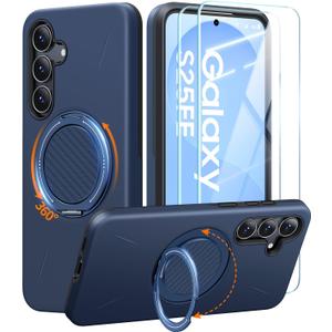 JAME for Samsung Galaxy S25 FE Case, Ring Holder Stand Kickstand, 2 Packs Screen Protector, Dual Layer Shockproof Protective Cover, Magnetic Accessory Friendly Galaxy S25 FE Phone Case, Blue
