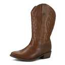 mysoft Women's Wide Calf Cowboy Boots Pull-On Mid-Calf Embroidered Pointed Toe Retro Western Boots Size M6