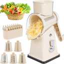 Manual Rotary Cheese Grater, White, 5-in-1 Vegetable Slicer with Suction Base, Stainless Steel Blades, Hand Crank Design for Kitchen