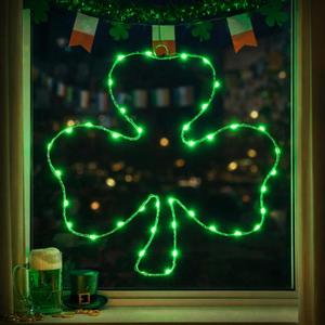 St. Patrick's Day Light Up Clover Shamrock Window Decoration, 15.8 Inch 40 LED Irish Green Iron Frame Silhouette Lights, Waterproof USB Plug Operated for Holiday Wall Door Glass Decor
