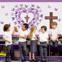 BeYumi Easter Cross Bulletin Board - 95Pcs Jesus Forgiven Risen Cross Christian Bulletin Border Set Purple 3D Butterfly Cutout Plaid Border Trim Sunday School Classroom Church Chalkboard Decoration
