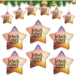 Syhood 18 Pcs Christian Christmas Ornaments Jesus Loves You Christian Double Sided Religious Ceramic Bible Verse Ornament for Christmas Tree Star Shaped Religious Xmas Church Home Decor for Mom Women
