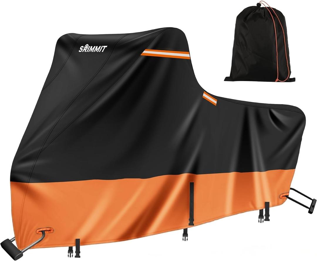 Motorcycle Cover Heavy Duty,420D Moped Cover Waterproof Outdoor with Nano Coating,5 Reflective Strips,Air Vents,3 Windproof Buckles,Antenna Zipper (1XL 86"x 39"x 51" Black & Orange)
