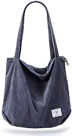 KALIDI Women Corduroy Tote Bag Zipper Casual Tote's Handbag Big Capacity Shoulder Bag with Pockets