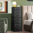 WLIVE Tall Dresser for Bedroom, 7 Drawer Dressers & Chests of Drawers, Fabric Dresser for Closet, Night Stand with Metal Frame, Storage Tower with Fabric Bins, Woodtop, Charcoal Black Wood Grain Print
