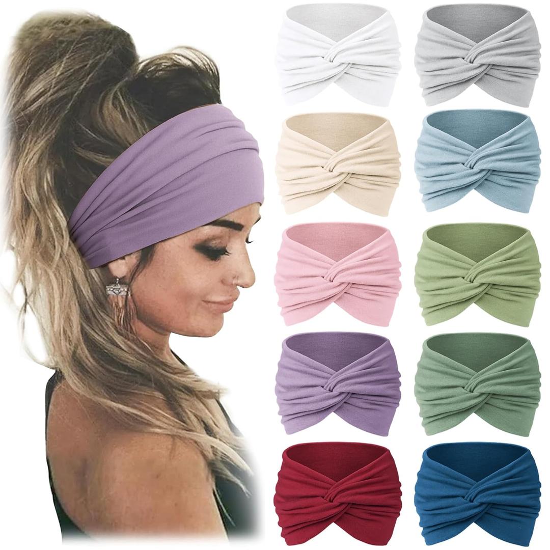 Jesries 10 PCS Women Headbands African Wide Hair Wrap Extra Turban Head Bands for Lady Large Sport Workout Stretch Non-slip Big Hair Bands 