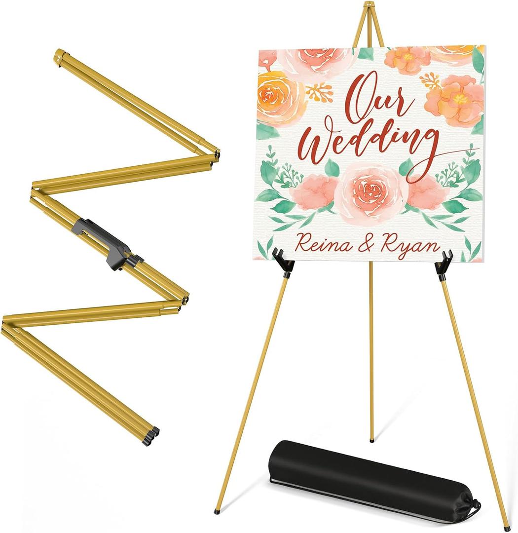 SunyesYoon Display Golden Easel Stand - 63" Artist Instant Tripod Collapsible Portable Floor Easel - Adjustable Art Poster Easy Folding Metal Stand for Display Show, Wedding, Painting