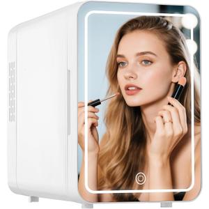 Iceblue Mini Fridge, 6L Skincare Fridge with Mirror, Dimmable LED Light Mirror Tiny Fridge with Thermoelectric Cooling Function for Cosmetics and Skincare, AC & DC Mini Beauty Refrigerator (White)